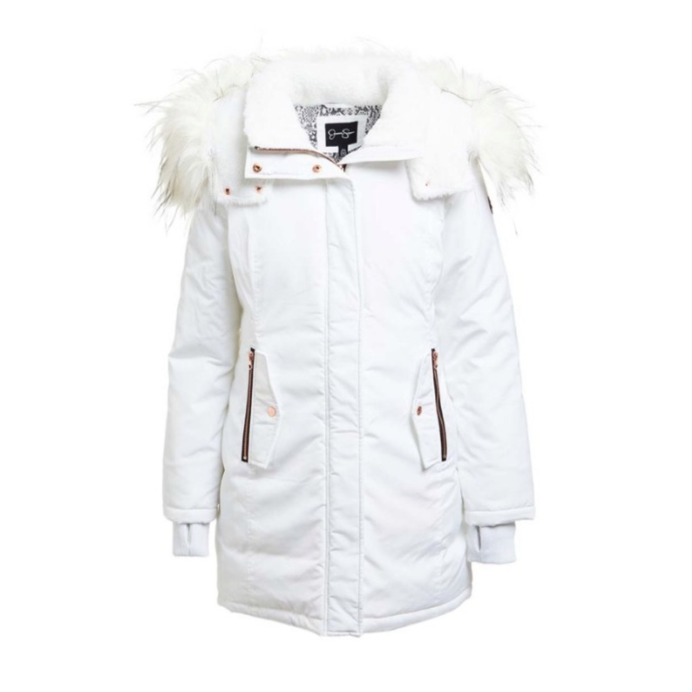 NWT Jessica Simpson White Faux Fur Trim Hooded Anorak Winter Coat Woman’s XL